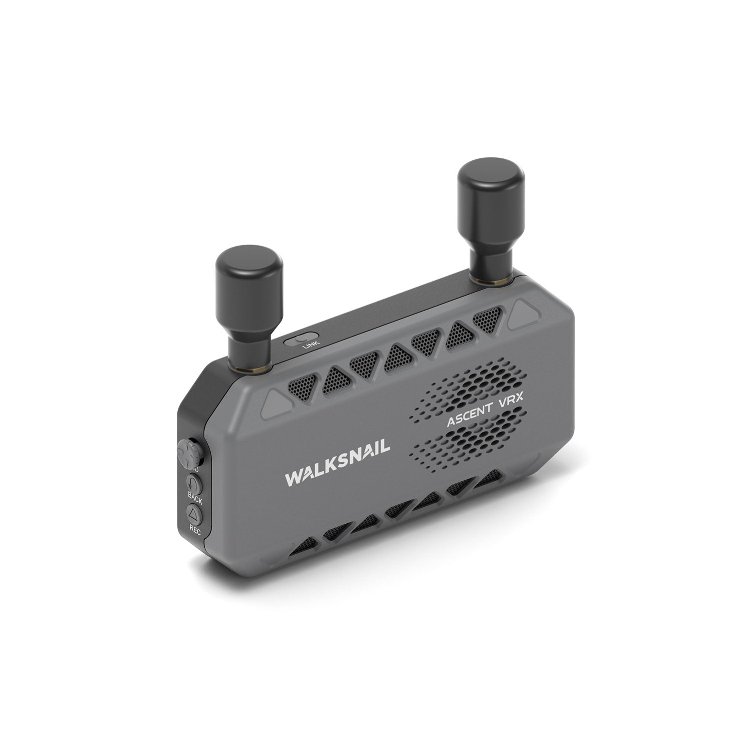 Walksnail Ascent VRX angled view showing dual antennas, top button, and left-side controls