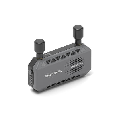 Walksnail Ascent VRX angled view showing dual antennas, top button, and left-side controls