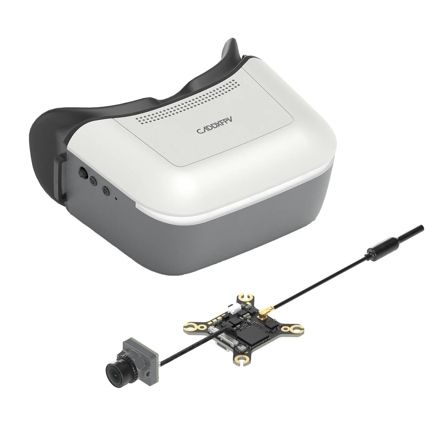 Walksnail Ascent FPV Goggle with camera module, VTX board and antenna kit on white background