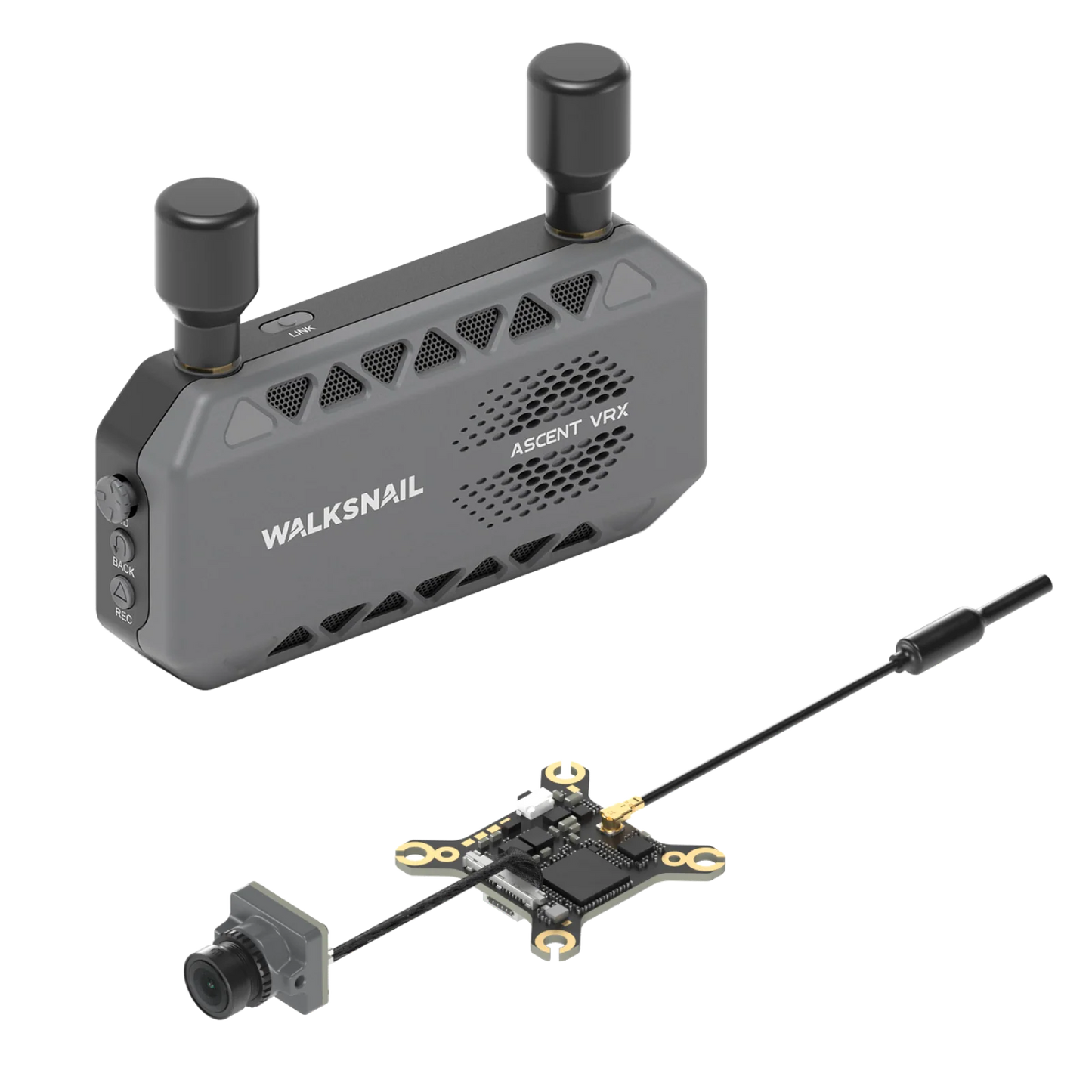 Walksnail Ascent VRX receiver with dual antennas plus camera and VTX board on white background