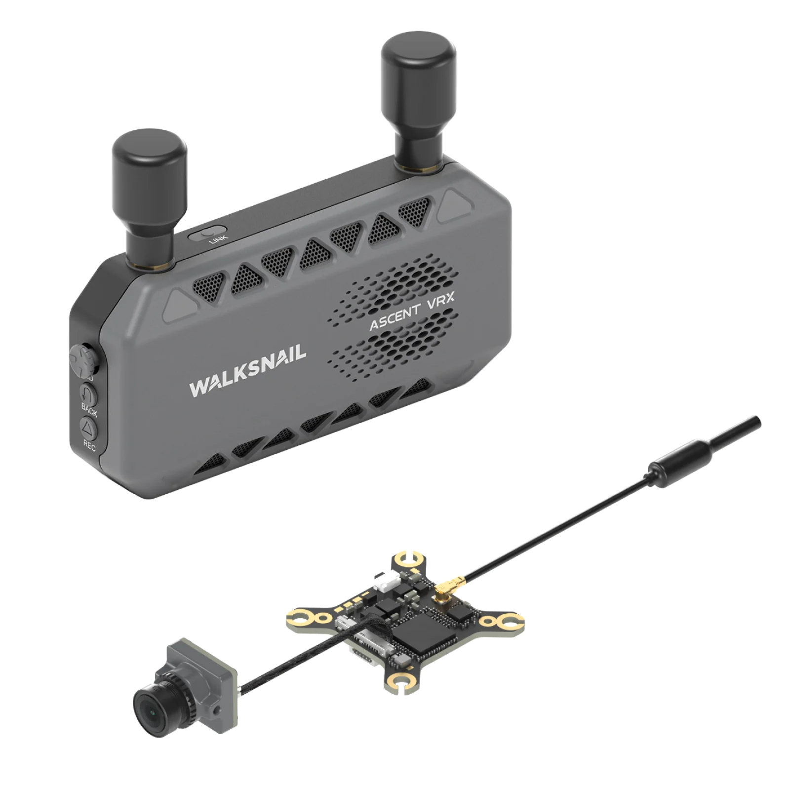 Walksnail Ascent VRX receiver with dual antennas plus camera and VTX board on white background