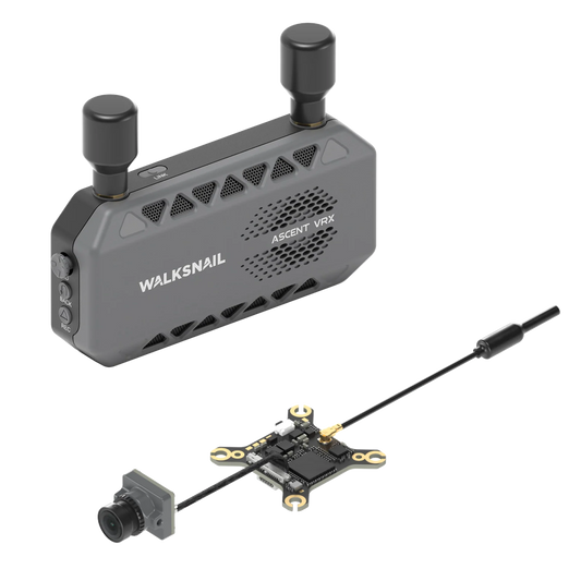 Walksnail Ascent VRX receiver with dual antennas plus camera and VTX board on white background