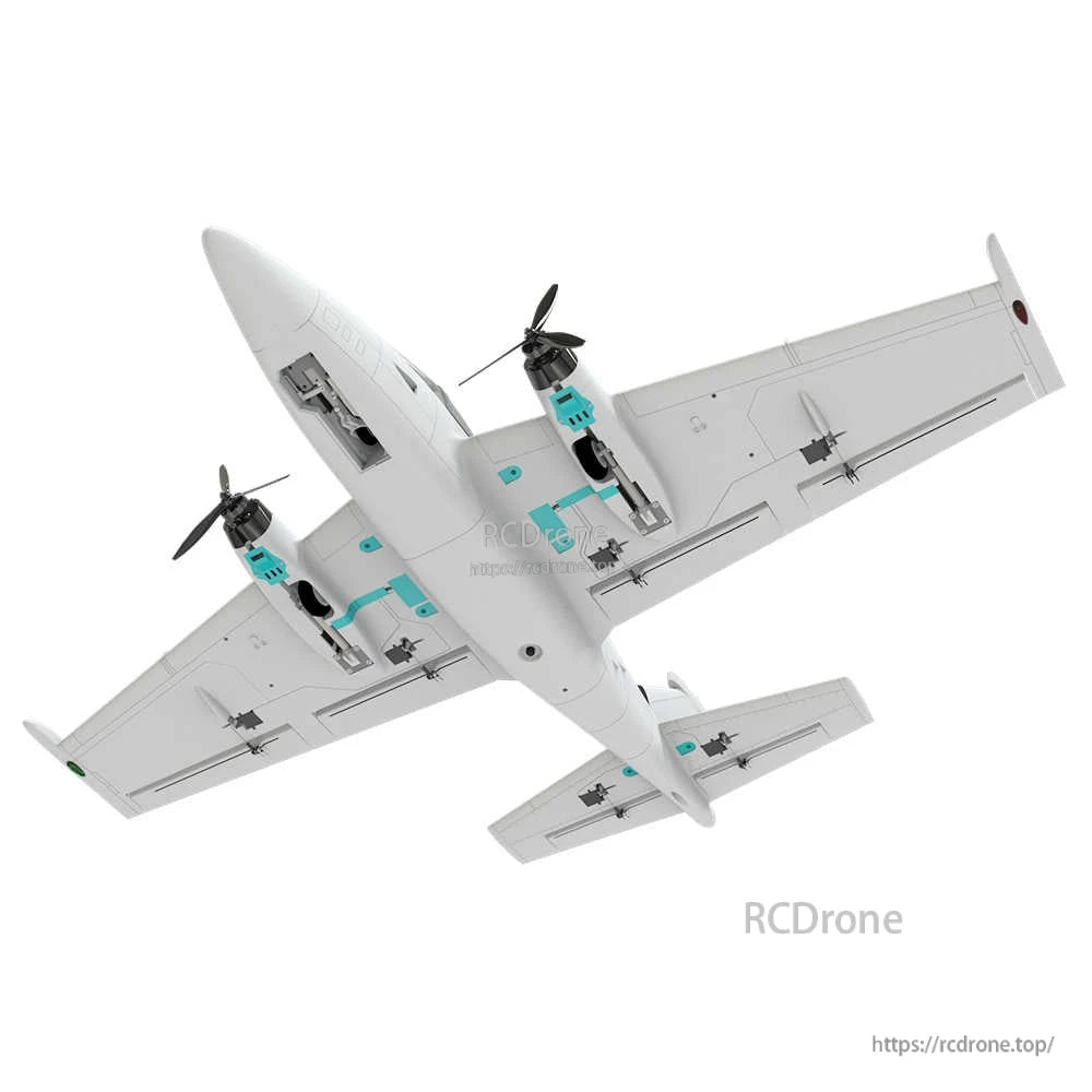 Underside view of Beluga fixed-wing RC airplane showing twin motor mounts, wing panels and tail