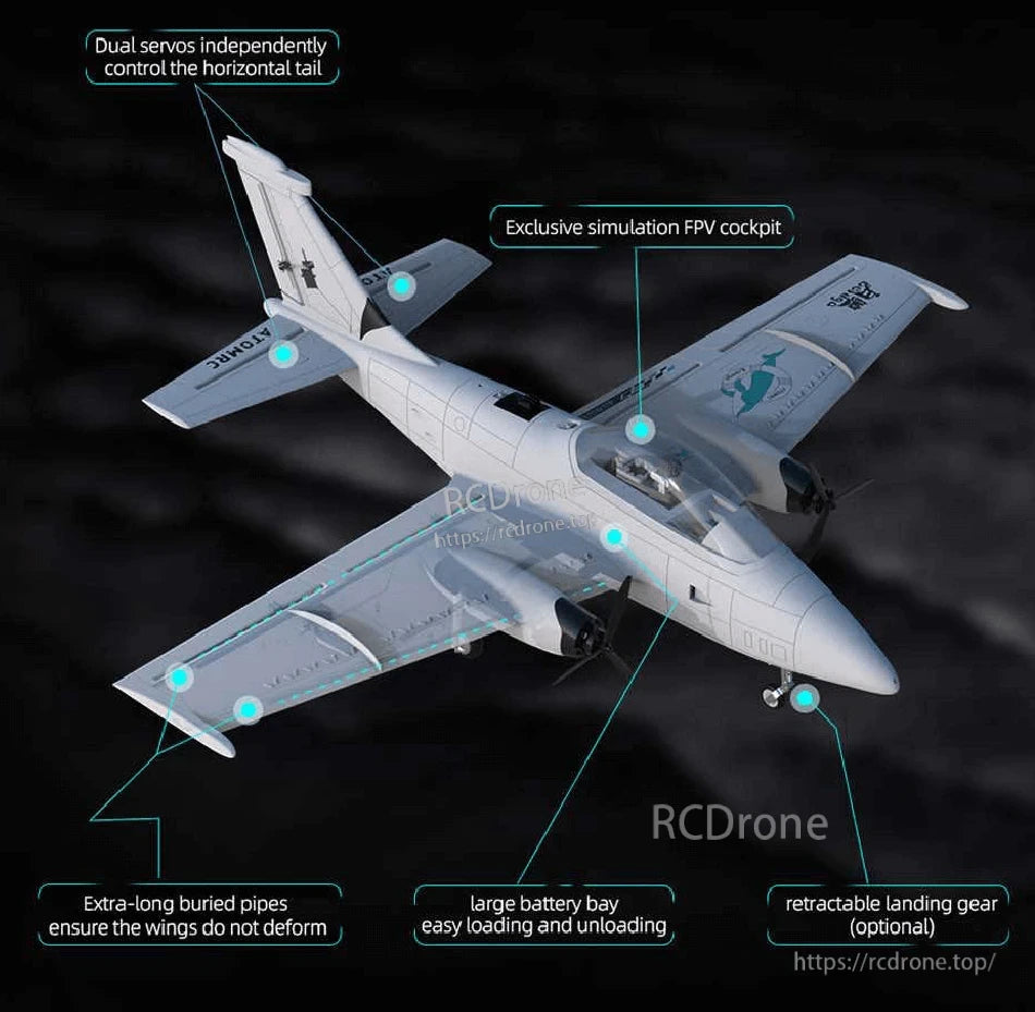Annotated feature diagram of Beluga RC plane highlighting FPV cockpit, battery bay and landing gear