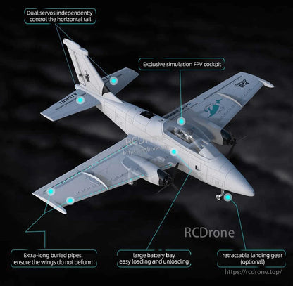 Annotated feature diagram of Beluga RC plane highlighting FPV cockpit, battery bay and landing gear