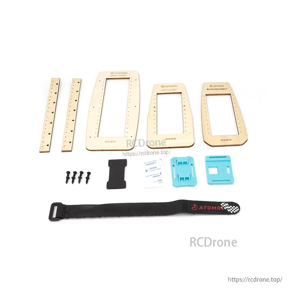 Included parts set: plywood frames, screws, blue plastic mounts, foam pad and AtomRC strap