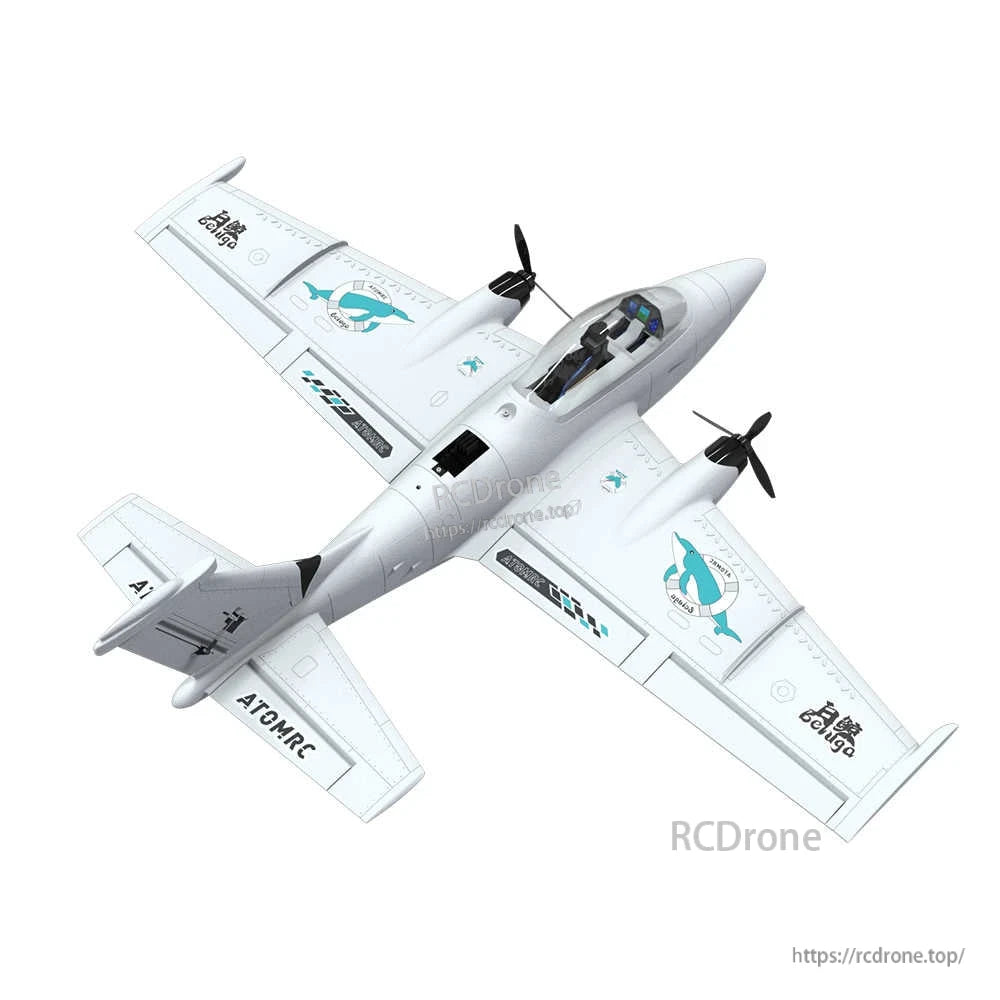 AtomRC Beluga FPV cockpit plane top view showing wingspan layout, twin propellers and tailplane