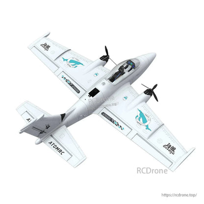 AtomRC Beluga FPV cockpit plane top view showing wingspan layout, twin propellers and tailplane