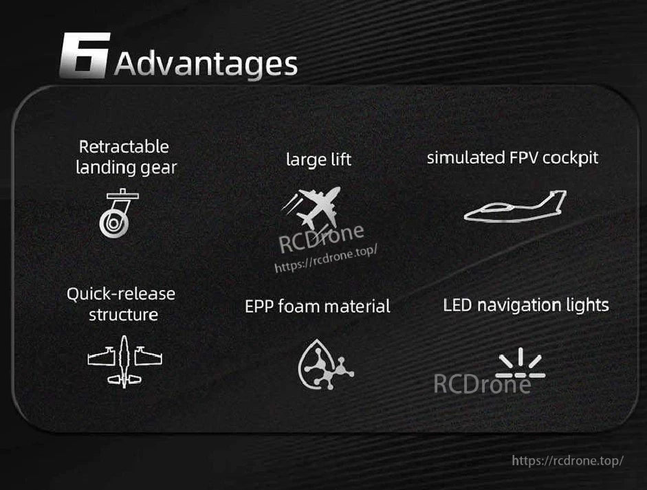 "6 Advantages" graphic listing retractable landing gear, large lift, simulated FPV cockpit, LED lights