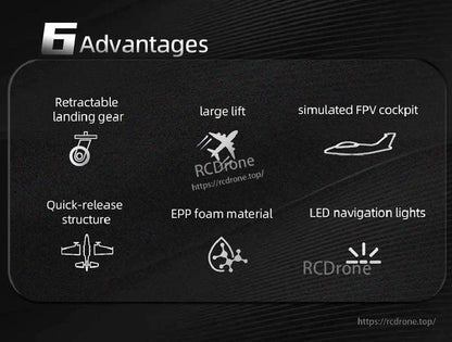 "6 Advantages" graphic listing retractable landing gear, large lift, simulated FPV cockpit, LED lights