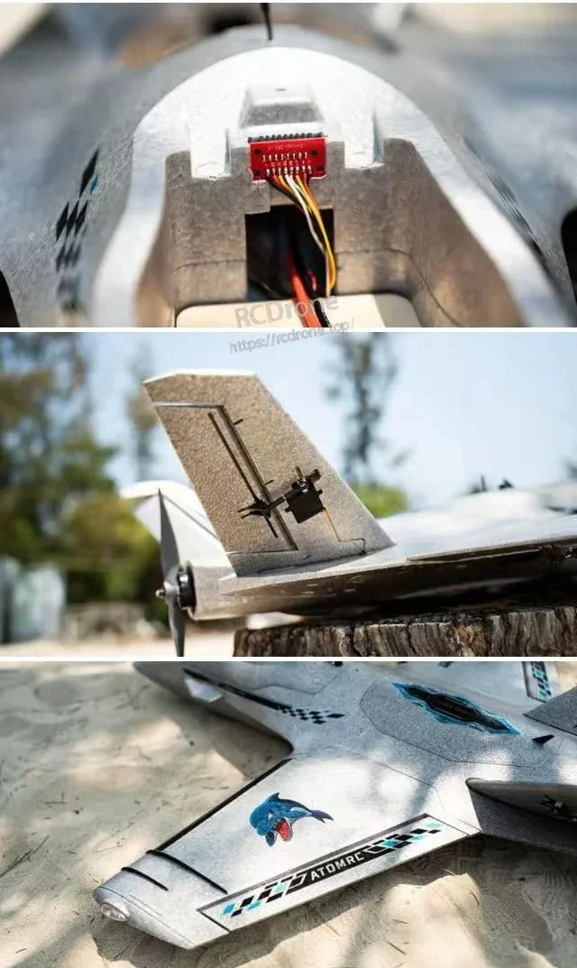 EPP foam fuselage detail with internal connector port, V-tail control horn, and wingtip navigation light