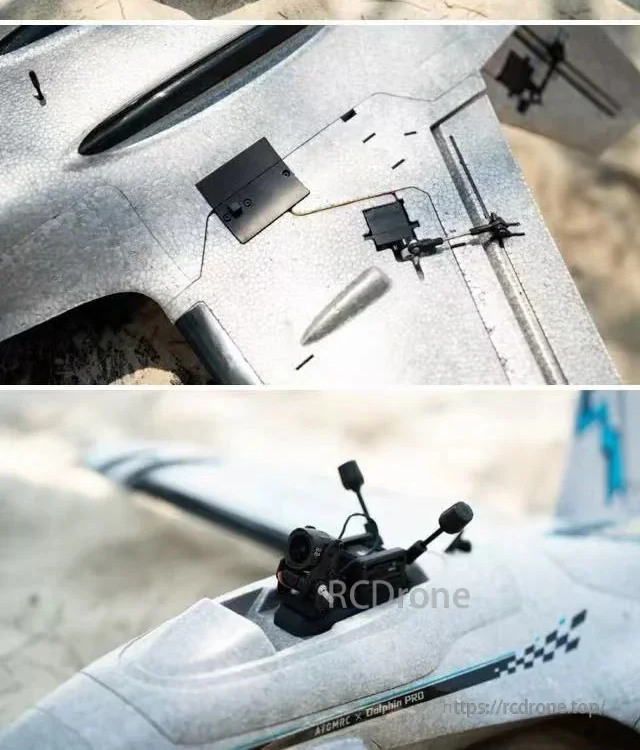 ATOMRC Dolphin Pro canopy area with FPV camera mount and top-surface linkage/servo installation detail