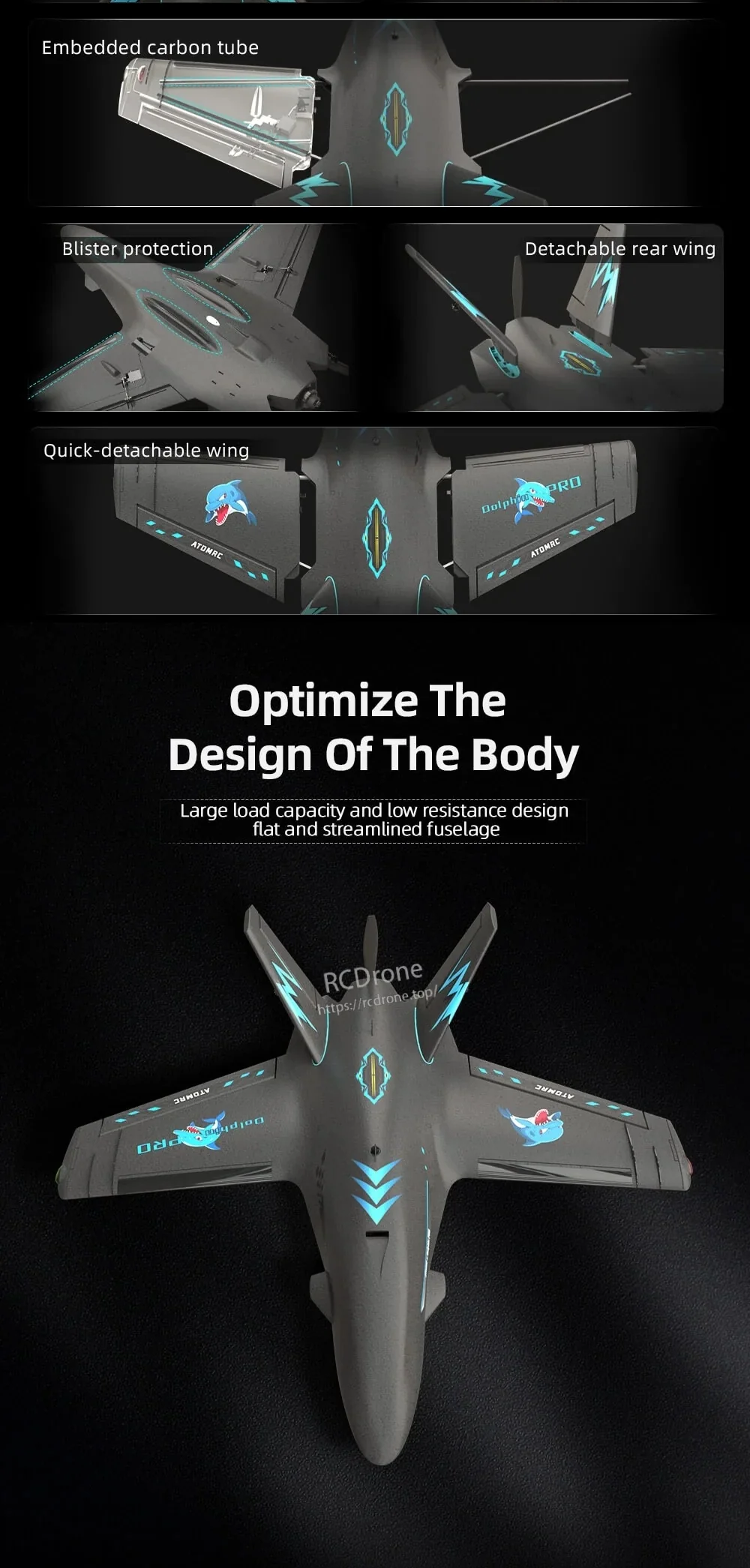 Diagram highlighting embedded carbon tube reinforcement, blister protection, and quick-detachable wing structure