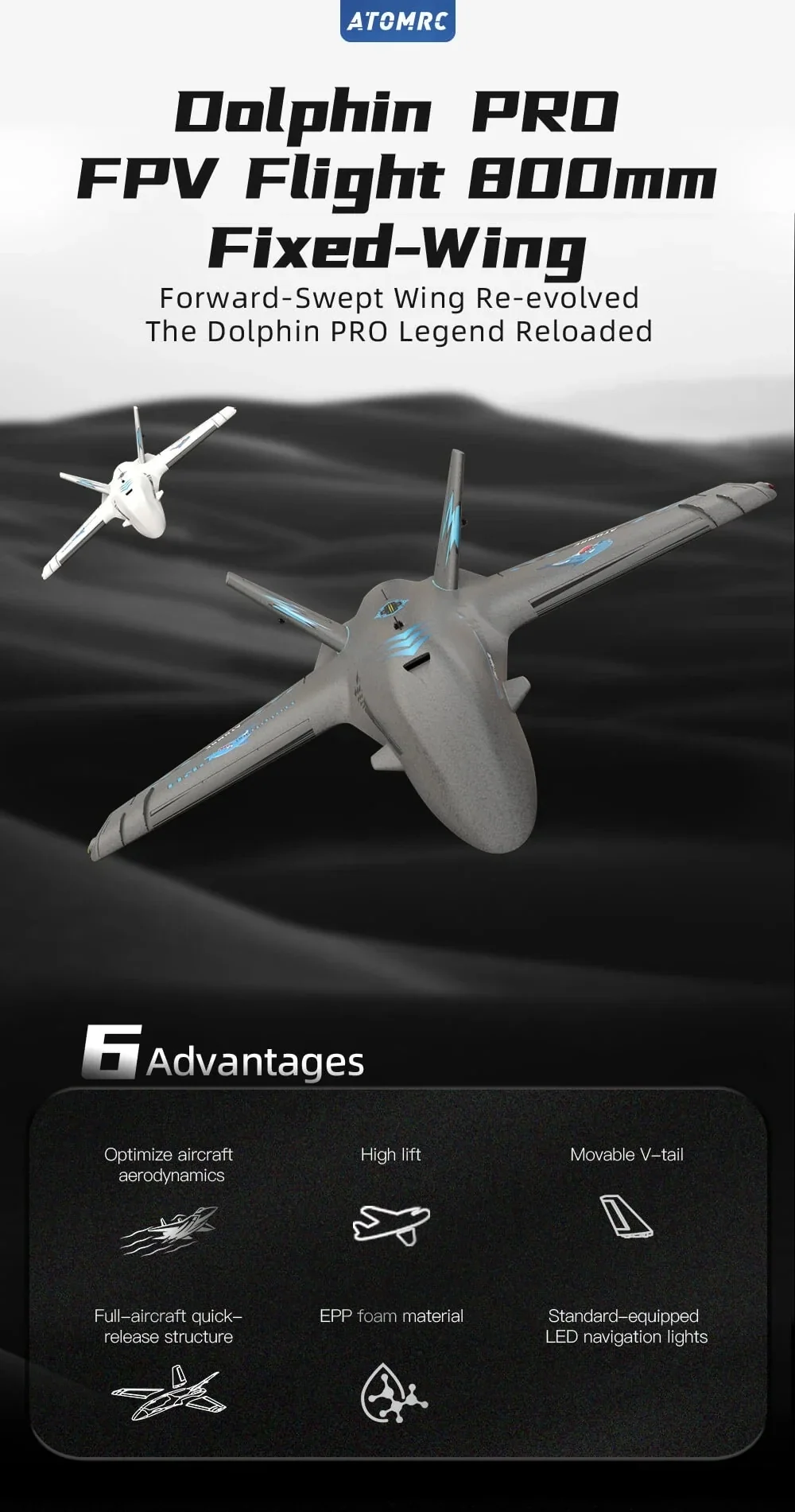 ATOMRC Dolphin Pro FPV Flight 800mm fixed-wing overview graphic highlighting EPP foam, quick-release, V-tail
