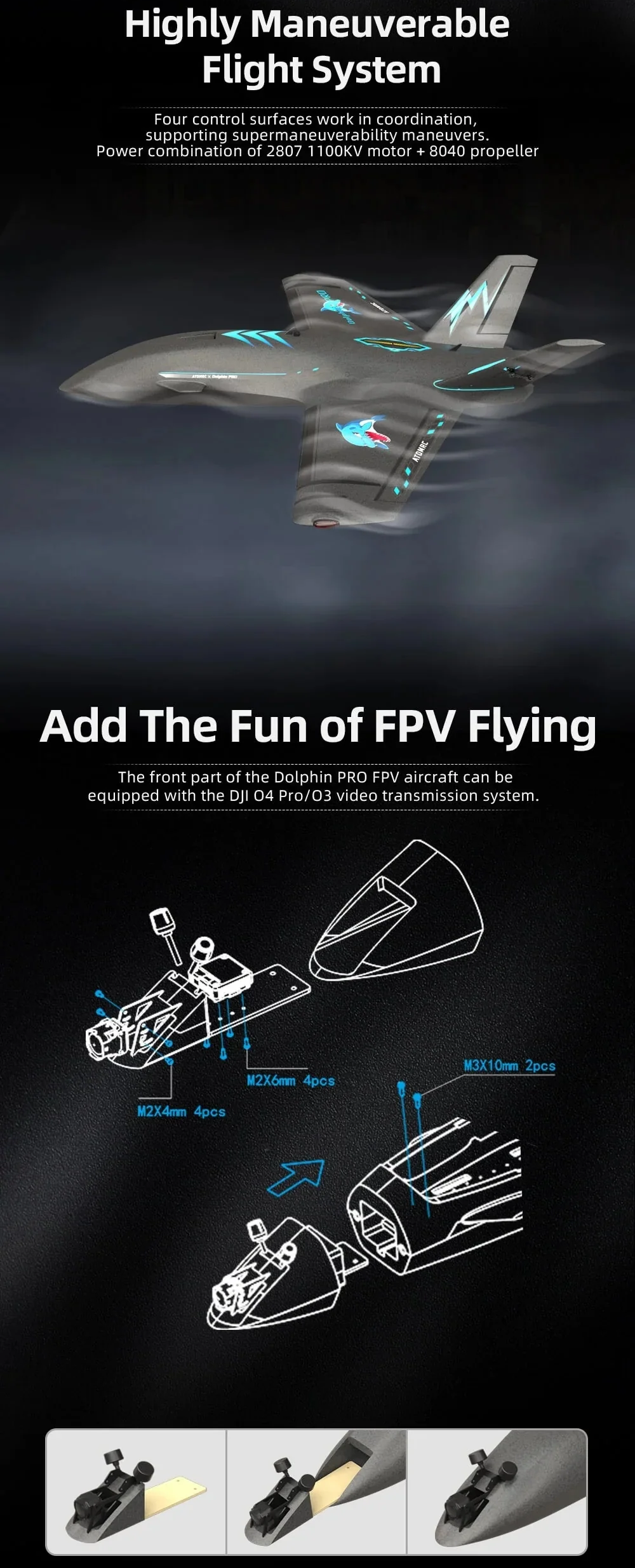 Flight system graphic showing four control surfaces and nose compartment compatible with DJI O4 Pro/O3 install