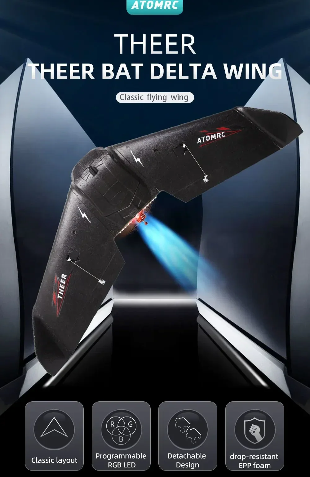 ATOMRC THEER Bat 860mm delta flying wing airframe with classic layout and detachable wings