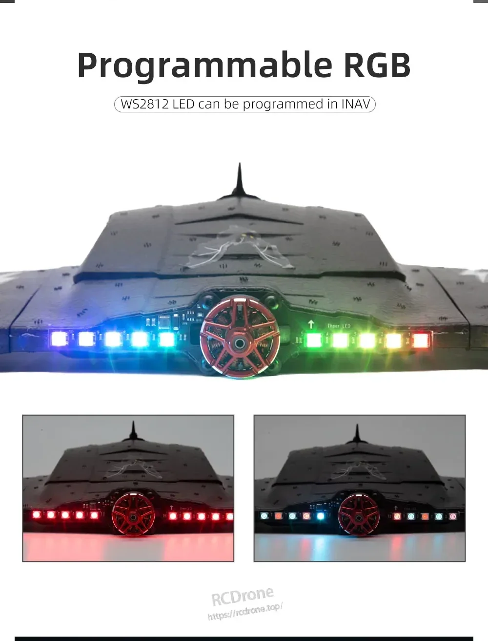 WS2812 programmable RGB LED strip on THEER Bat flying wing, controllable in INAV