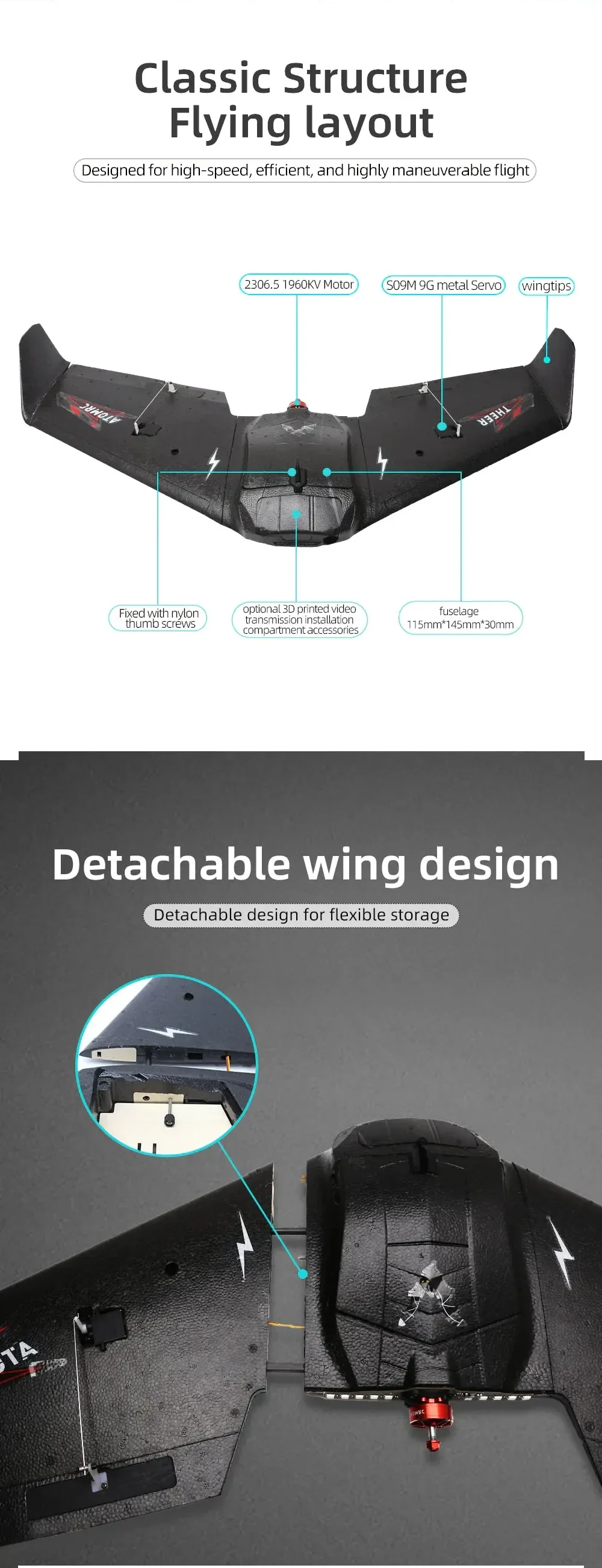 Classic flying wing structure overview and close-up of the detachable wing connection system