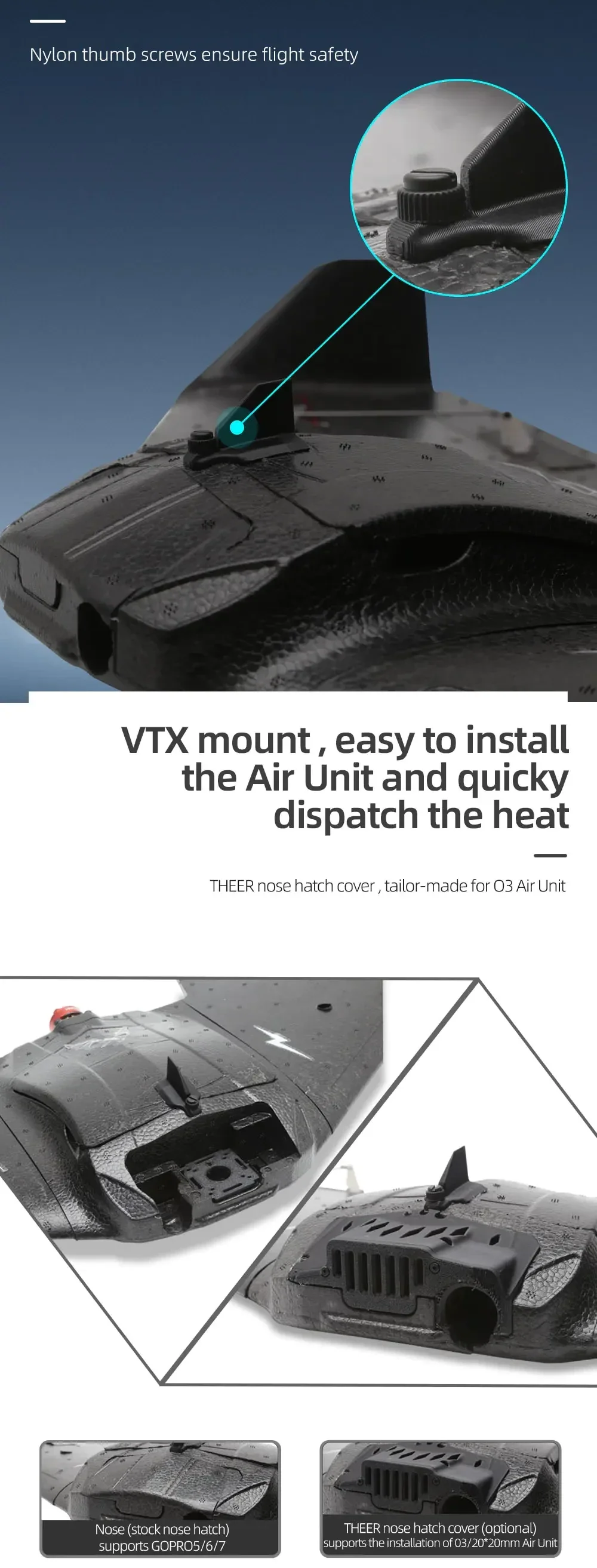 Nose area detail with nylon thumb screws and VTX/Air Unit mounting space for heat dissipation