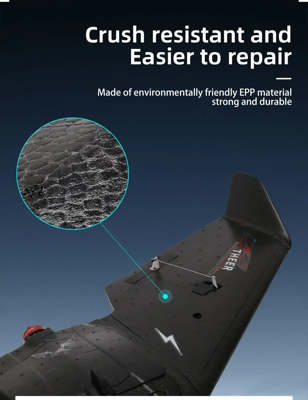 Close-up of crush-resistant EPP foam wing surface, designed for durability and easier repair