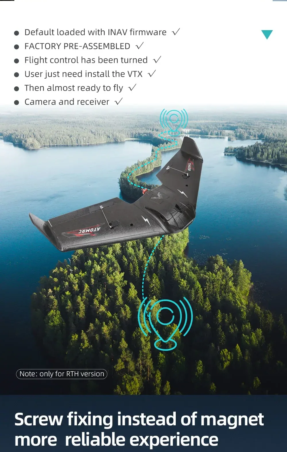 THEER Bat flying wing in flight graphic with INAV RTH notes and screw fixing instead of magnets