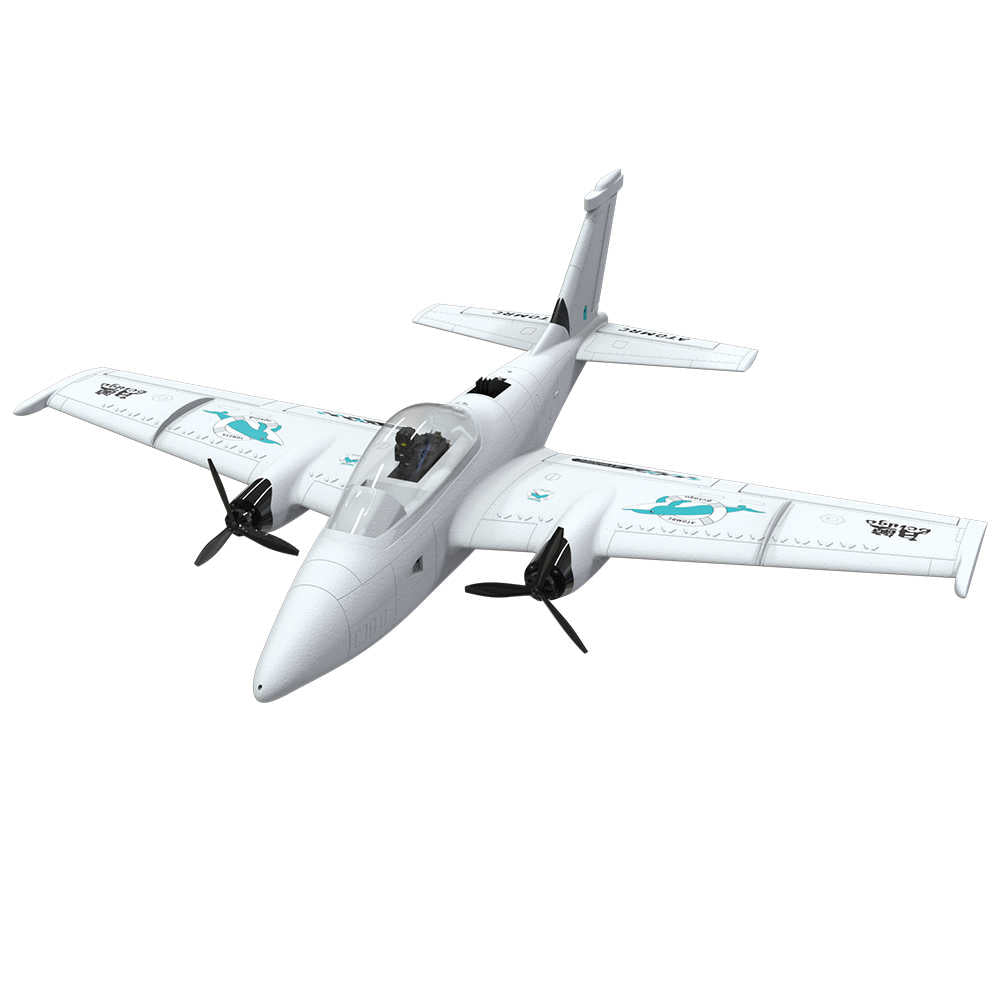 AtomRC Beluga twin-motor RC plane, front-left angle showing canopy cockpit and wing decals