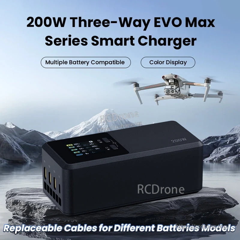 Autel EVO Max 4 Charging Hub, 200W EVO Max smart charger with color display, multiple battery compatibility, replaceable cables.