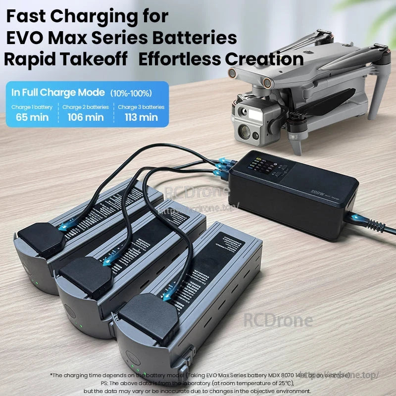 Autel EVO Max 4 Charging Hub, EVO Max Series batteries fast-charge in 65–113 minutes, depending on quantity, model, and environment, enabling quick takeoff.