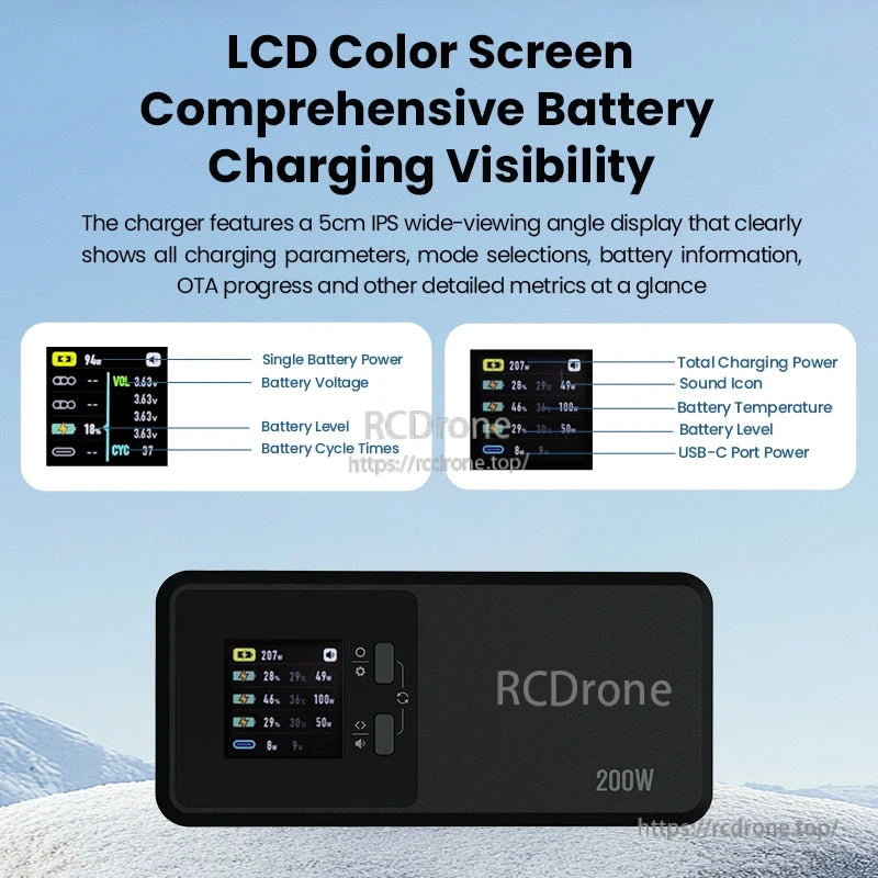 Autel EVO Max 4 Charging Hub features a 5cm IPS screen showing detailed battery and USB-C status for full charging control.