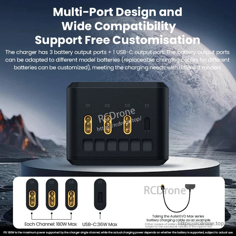 Autel EVO Max 4 Charging Hub, Multi-port charger with 3x180W battery outputs, 36W USB-C, customizable cables, compatible with Autel EVO Max series.