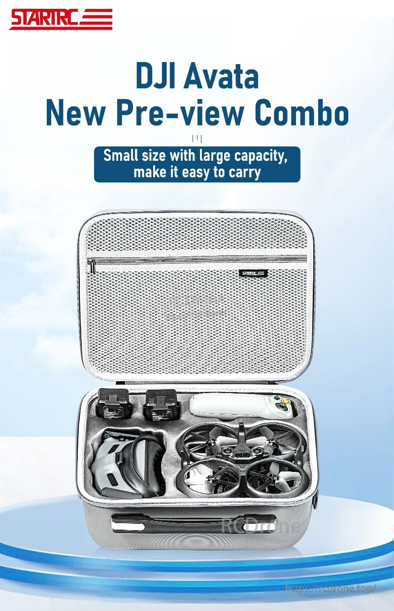 DJI Avata storage case features compact design, large capacity, and organized compartments for drone, batteries, controller, and accessories.