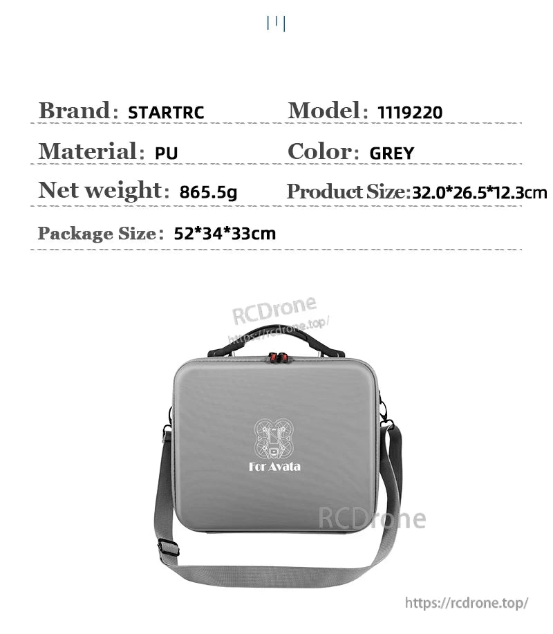 Avata Storage Case, STARTRC Avata grey PU storage case, 865.5g, 32x26.5x12.3cm, includes shoulder strap and logo.