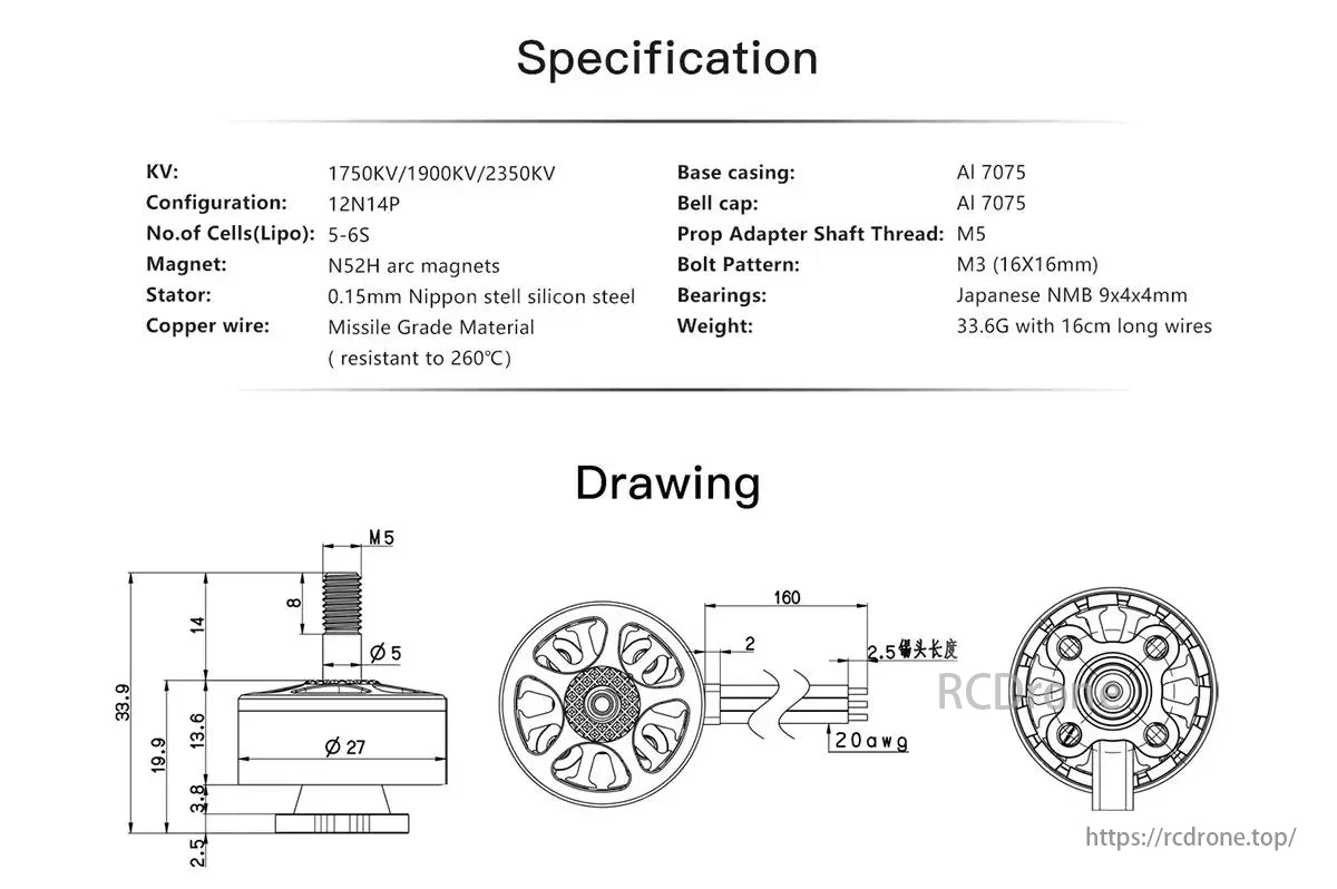 Avenger V3 Brushless Motor features 1750-2350KV, 12N14P, 5-6S Lipo, N52H magnets, Al 7075 casing, M5 shaft, M3 bolts, 33.6g, 20AWG wires, and Japanese NMB bearings.