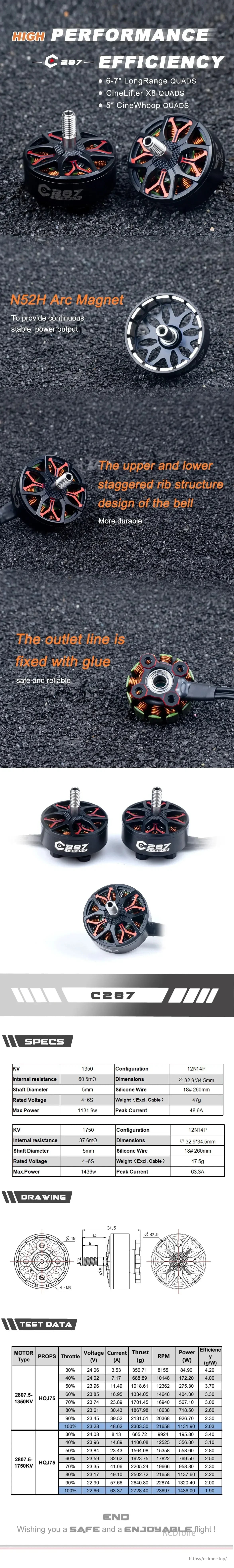 Axis C287 Brushless Motor: High-performance N52H magnet, durable design, glued outlet line; KV 1350/1750 for 6-7" LongRange, CineLifter X8, and 5" CineWhoop quads.