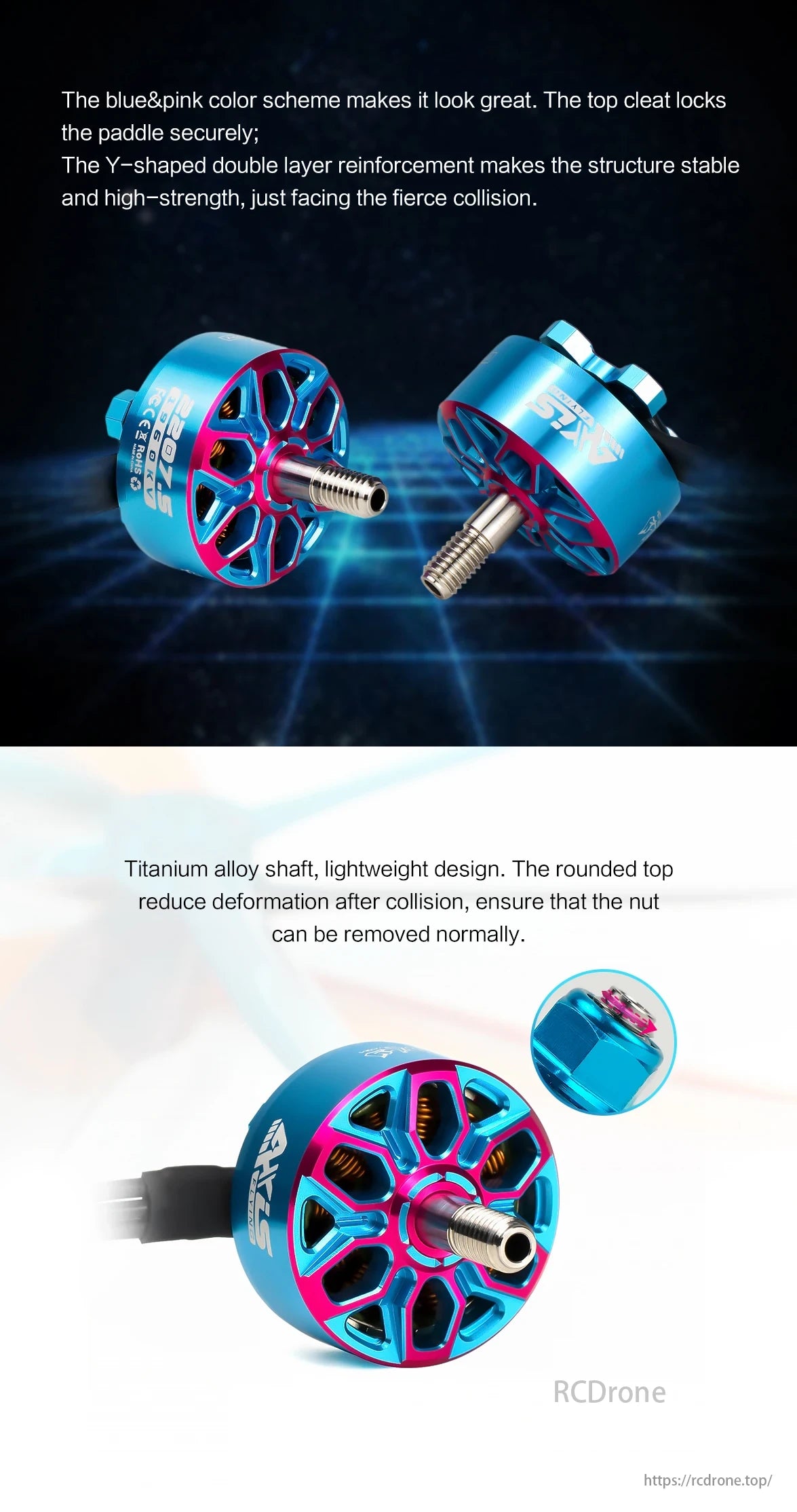 Axisflying 2207.5 1960KV 1860KV Brushless Motor, The Blue-pink Axisflying 2207.5 motor ensures stability with Y-shaped reinforcement, titanium alloy shaft reduces deformation, and lightweight design boosts performance.