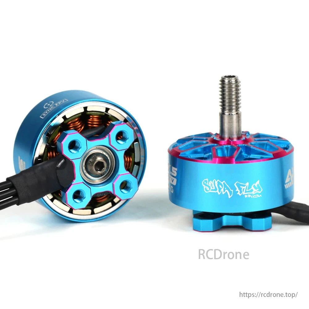Axisflying 2207.5 1960KV 1860KV Brushless Motor, Axisflying 2207.5 brushless motor for 5-inch FPV drones, adjustable KV options, blue color with hex bolts and wires.