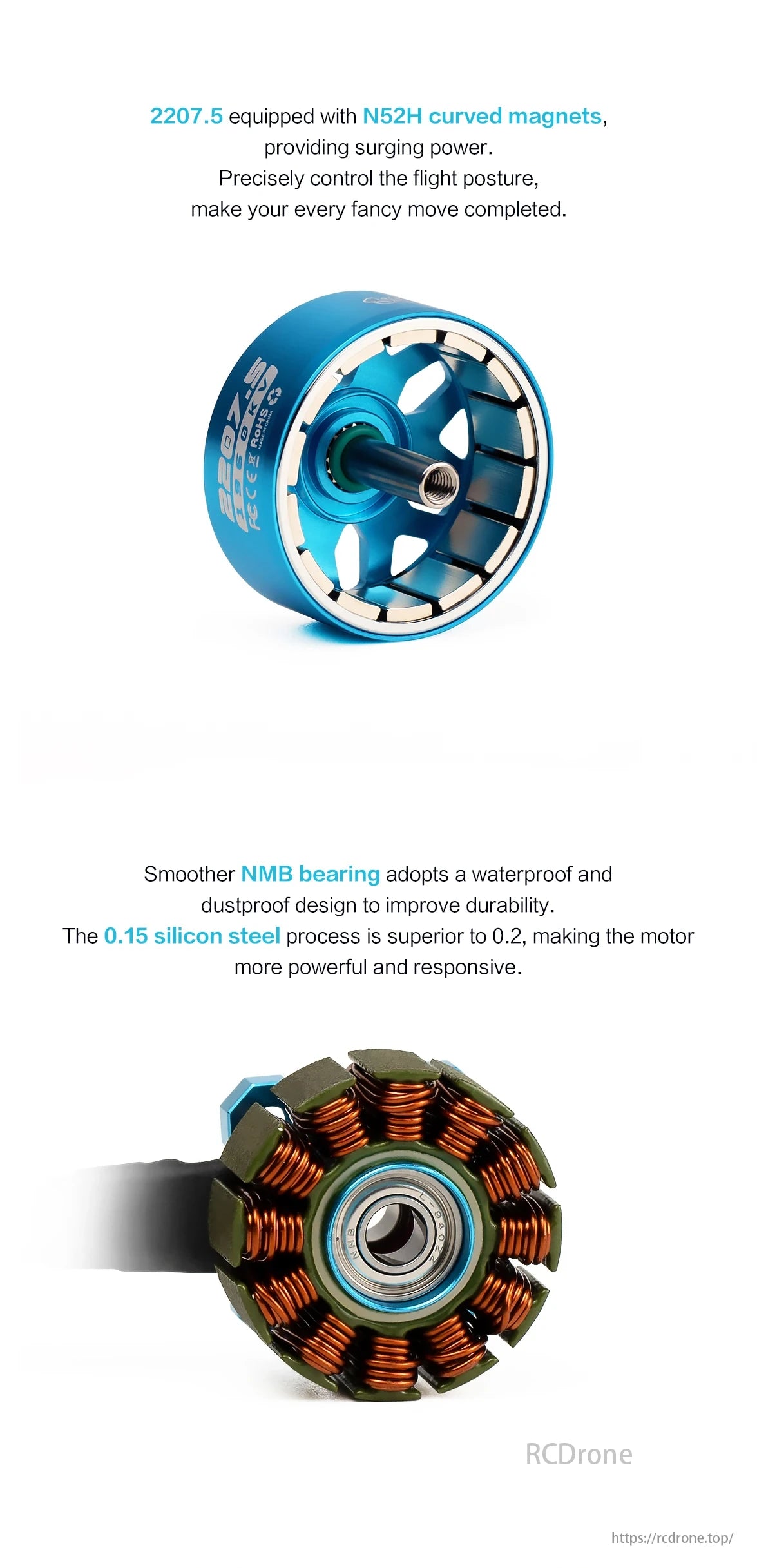 Axisflying 2207.5 1960KV 1860KV Brushless Motor, The 2207.5 motor with N52H magnets provides powerful, precise flight control, featuring a smooth NMB bearing, waterproof/dustproof design, and 0.15 silicon steel for enhanced performance.