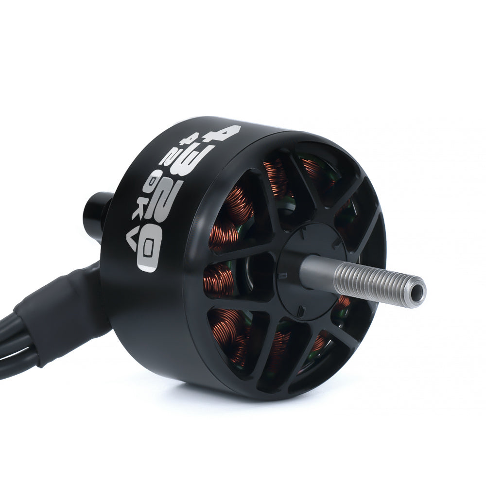 Axisflying 4320 brushless motor with black housing, visible copper windings, and threaded output shaft