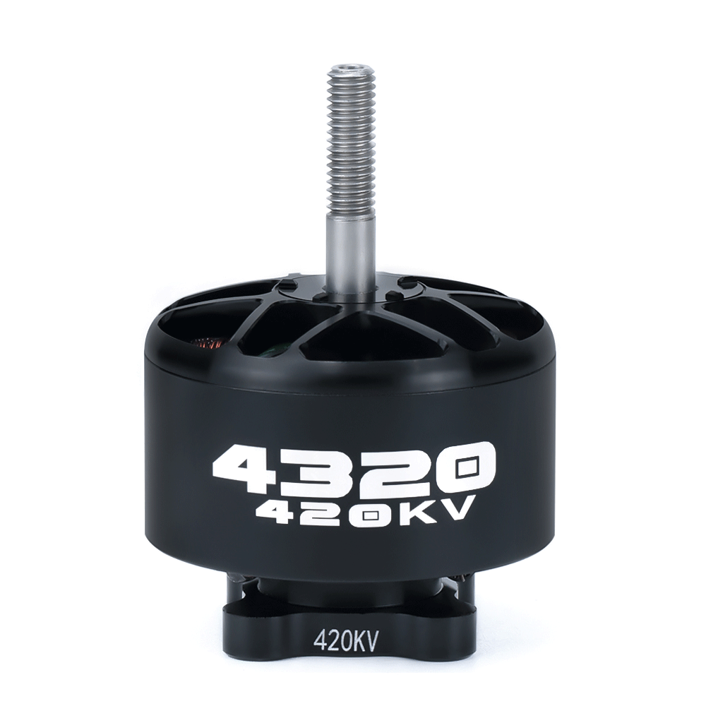 Axisflying 4320 brushless motor labeled 420KV with threaded shaft, black housing, and vented top design