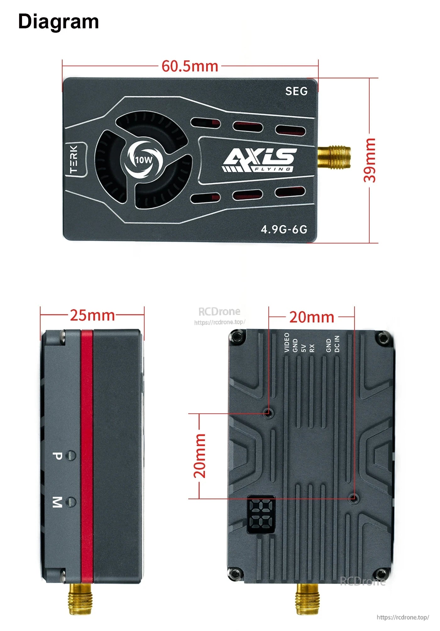 Axisflying SEG 10W analog FPV VTX module (4.9G-6G) with fan, SMA connector, and 60.5 x 39 mm size