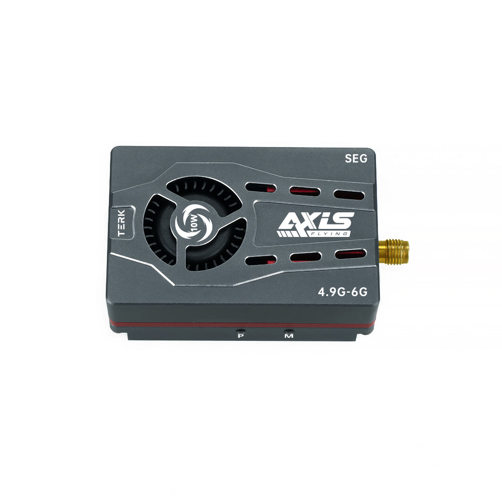 Axisflying SEG 4.9G–6G analog FPV video transmitter module with fan-cooled metal case and SMA antenna connector
