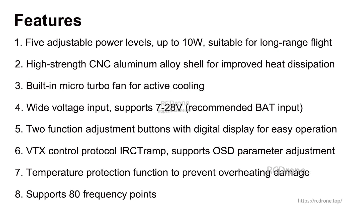 Features list for Axisflying 10W analog FPV VTX: 7–28V input, CNC aluminum shell, micro fan, IRC Tramp, 80 channels