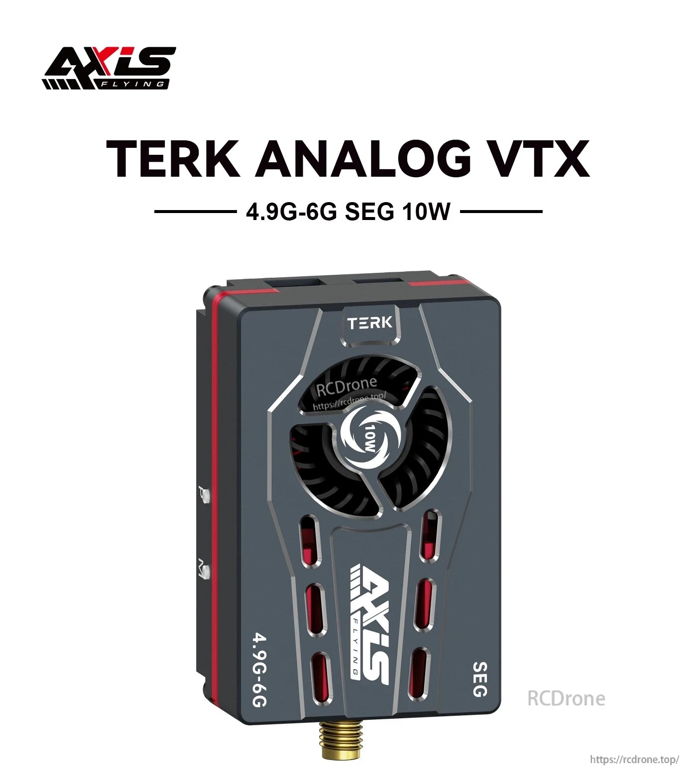 Axisflying TERK 4.9G-6G SEG 10W analog FPV VTX module with metal case, cooling fan, and SMA connector