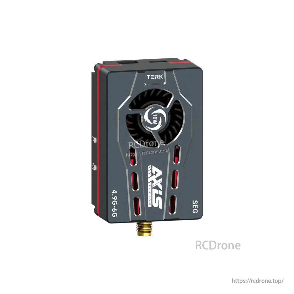 Axisflying SEG 10W analog FPV VTX module with cooling fan and bottom SMA antenna connector, labeled 4.9G-6G