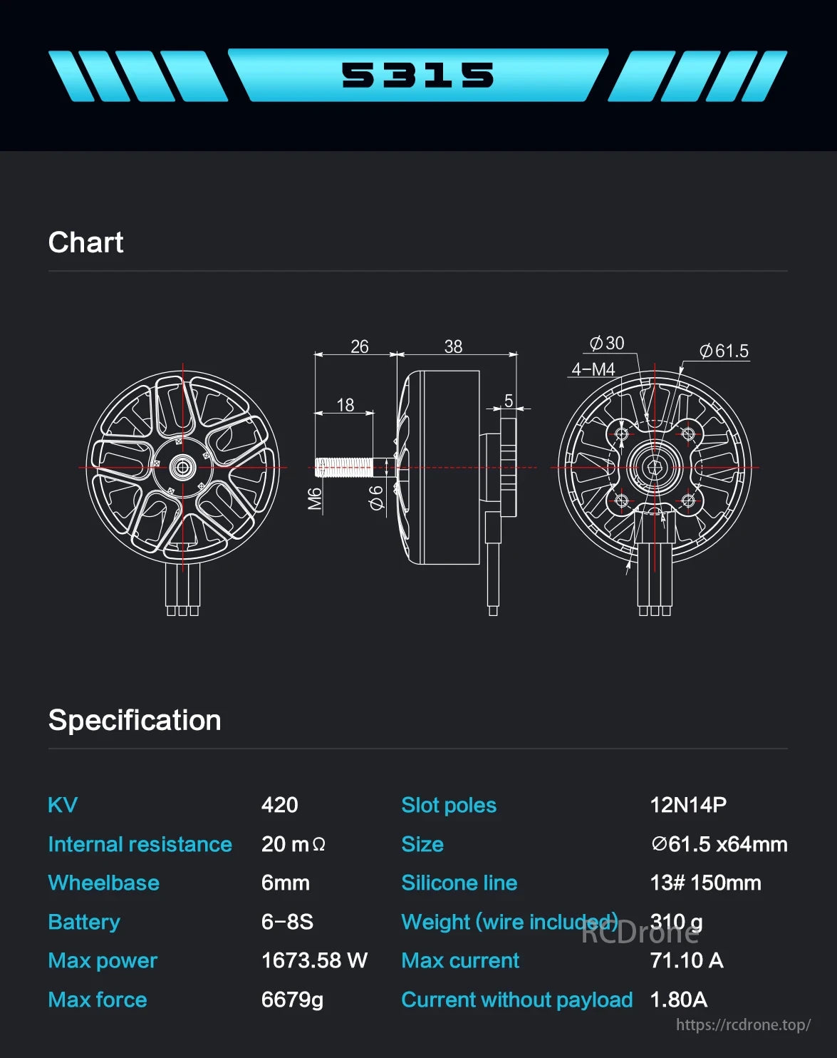 Axisflying 5315 420KV 6-8S Brushless Motor, Axisflying 5315 420KV motor for 15-inch FPV drones, 6mm wheelbase, 1673.58W power, 6679g force, 12N14P poles, 310g weight, 71.10A max current.