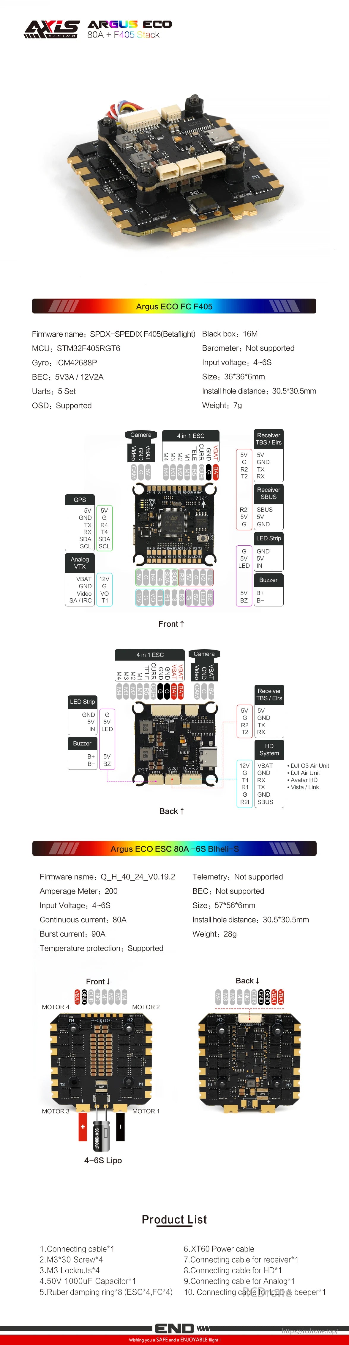 Axisflying 80A F405 / F722 STACK 4IN1 ESC, Argus ECO FC F405 with STM32F405RGT6 MCU, ICM42688P gyro, 5V3A/12V2A BEC, 4-6S input, weighs 7g. ESC supports 4-6S Lipo, 80A continuous, 90A burst.