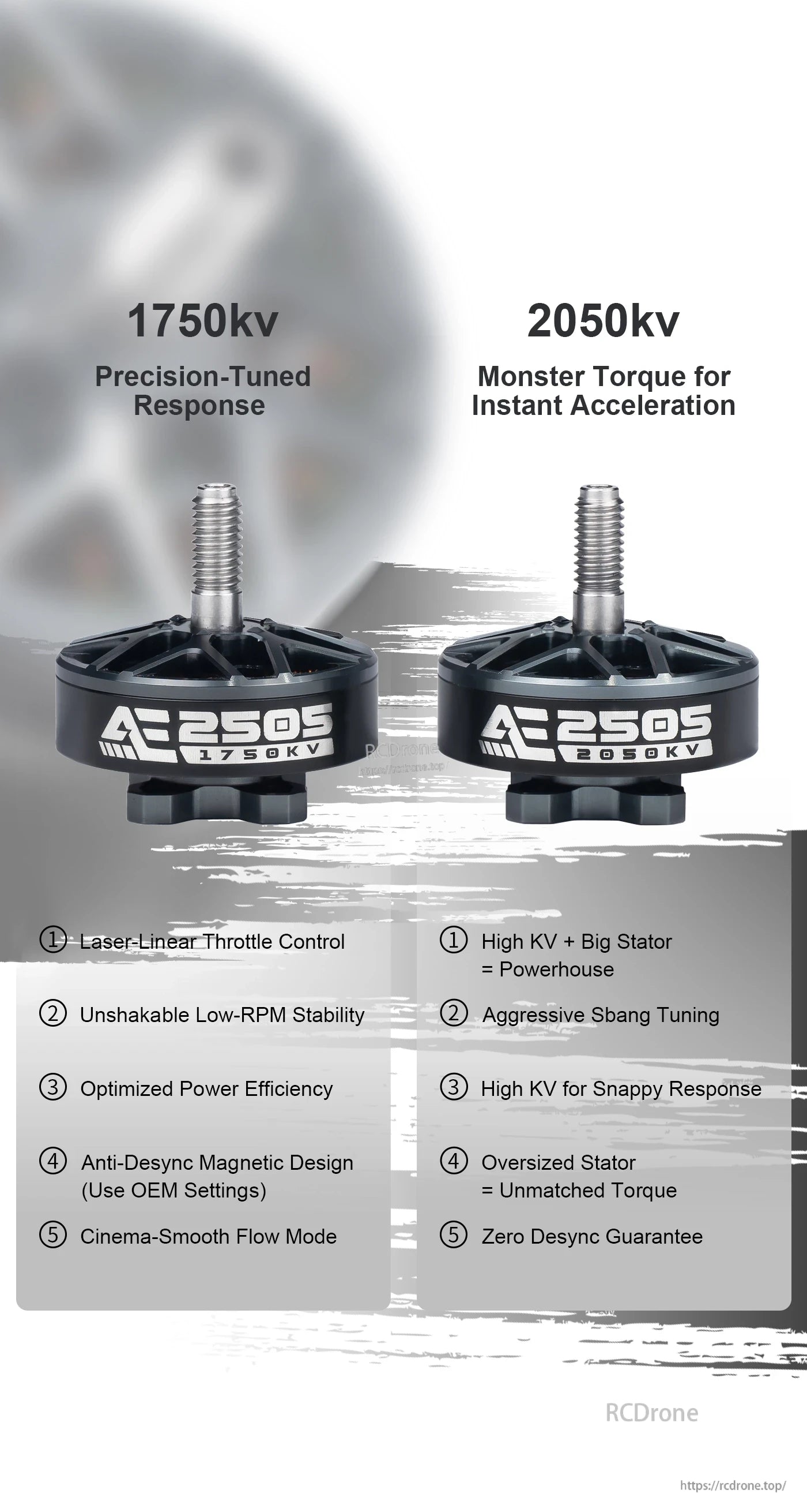 Axisflying AE2505 AE Series FPV Motor, AE2505 FPV motors (1750kv/2050kv) deliver precision, high torque, smooth performance, and reliability with features like anti-desync design, cinema-smooth mode, and zero desync guarantee.