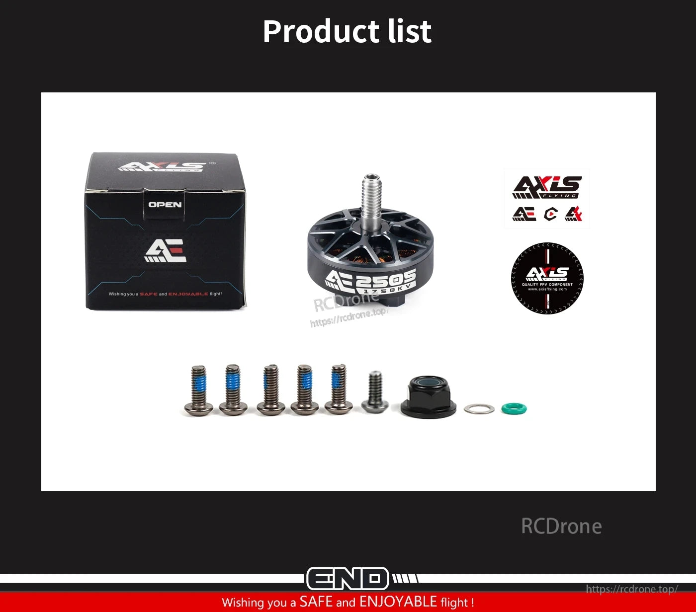 Axisflying AE2505 AE Series FPV Motor, Axisflying AE2505 1750KV motor includes screws, nuts, washers, stickers, packaging, product list, and safety information.