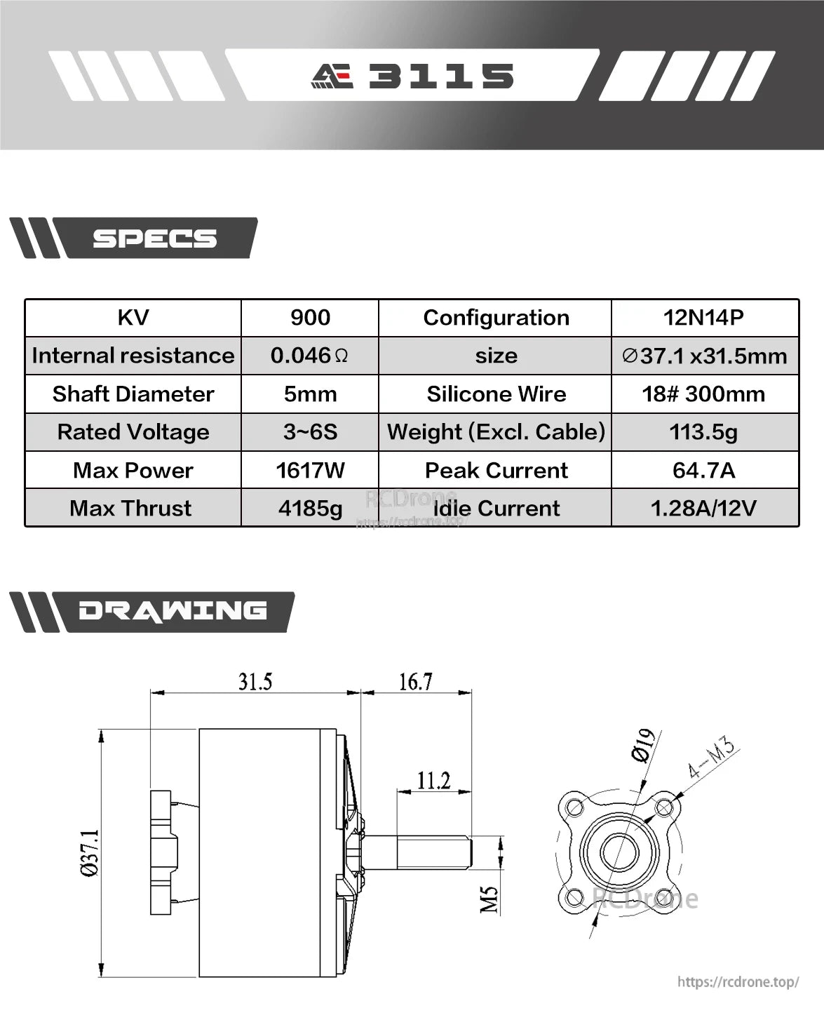 Axisflying AE3115 900KV 3–6S brushless fpv motor, The 900KV AE3115 motor features 12N14P design, 3–6S voltage, 1617W power, 4185g thrust, weighs 113.5g, includes M5 shaft and M3 mounts, with high-efficiency silicone wiring.