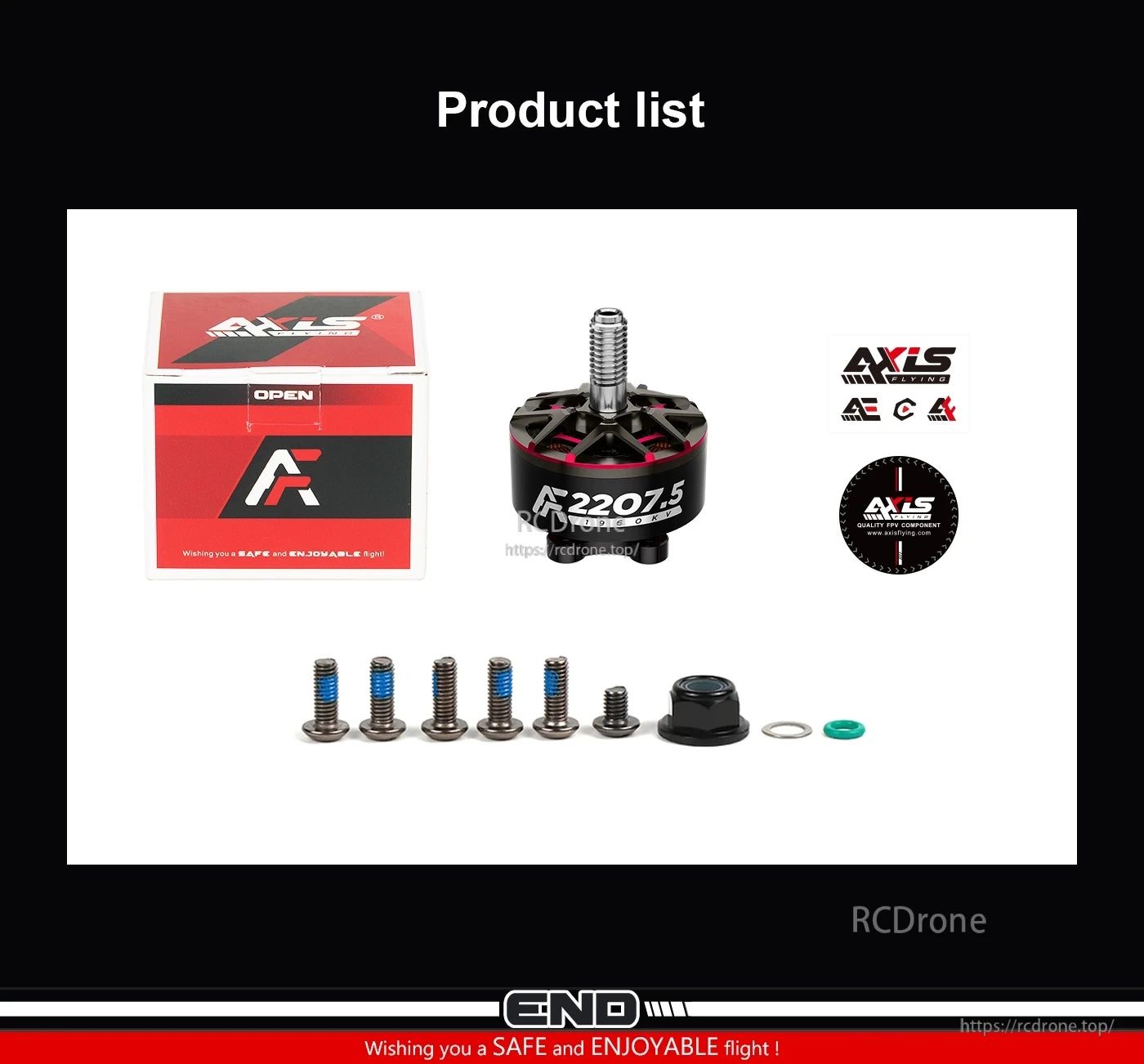 Axisflying AF2207.5 FPV motor includes packaging, screws, nut, washer, stickers, and safety flight instructions for enjoyable flying.